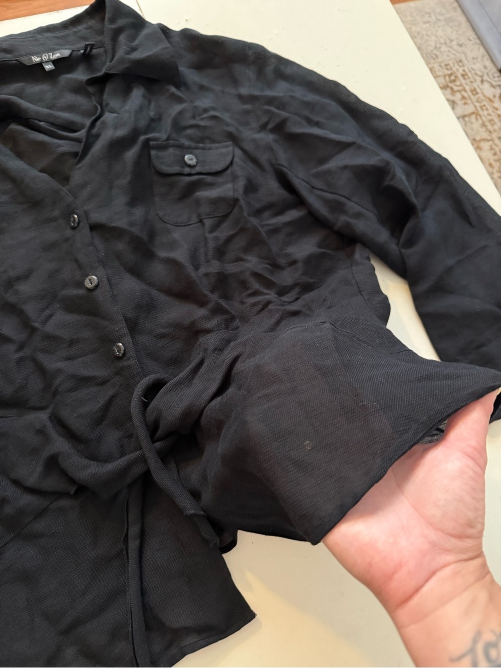 Nic+Zoe Black Silk Linen Tie-Waist Blouse Button-Down Shirt Quite Luxury Classic - Picture 5 of 8